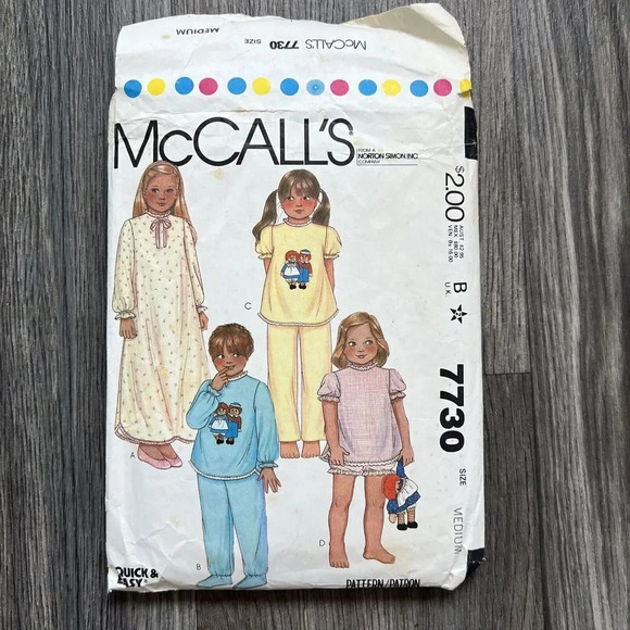 McCall’s 7730 Vintage Raggedy Ann Doll Girls Nightgown & Pajamas‎ Sewing Pattern - Picture 1 of 6